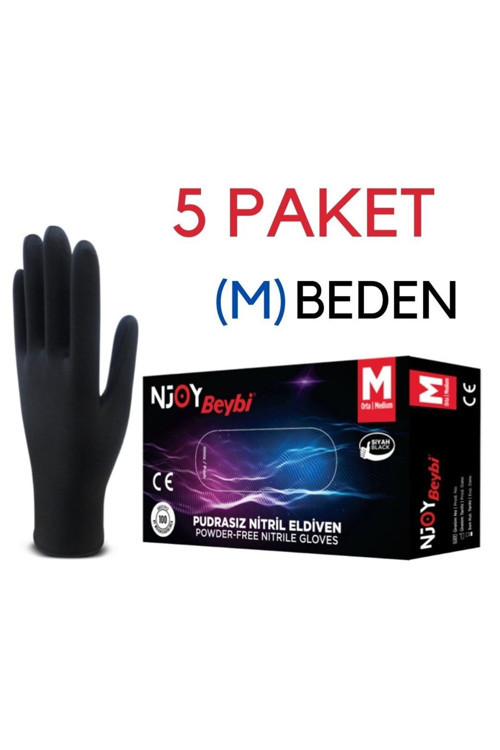 Njoy Pudrasız Siyah Nitril Eldiveni (M) Beden 5X100 Adet
