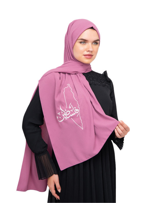 Polyster Pembe şal Filistin Haritası Ve Arapça Kelimesi Beyaz Rengi Nakışlı S100024