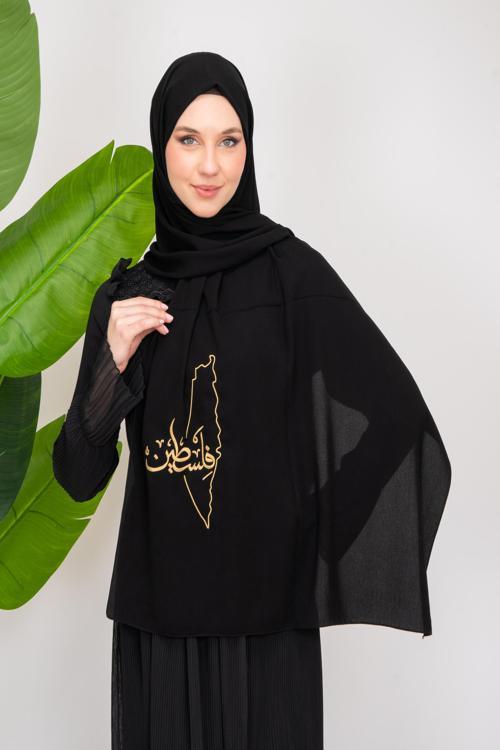 Black polyester shawl with Palestine map embroidery and the word Palestine in Gold S100026