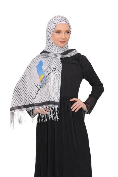 Şal Kefiye Puşi Püsküllü Filistin Arapçası Ve Haritası Içinde Küdüs Baskılı Filistin Şal S100005