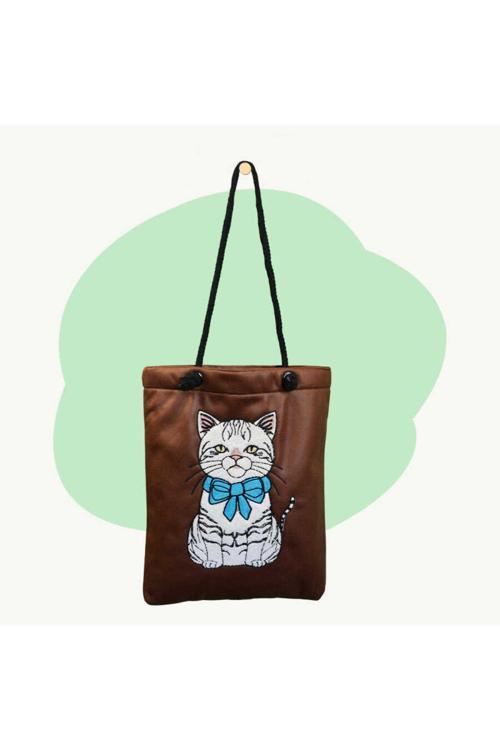 Kedi Desenli Punch Heybe Kadın Omuz Çantası
