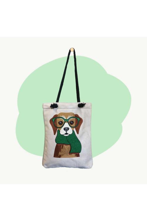 Köpek Desenli Punch Heybe Kadın Omuz Çantası