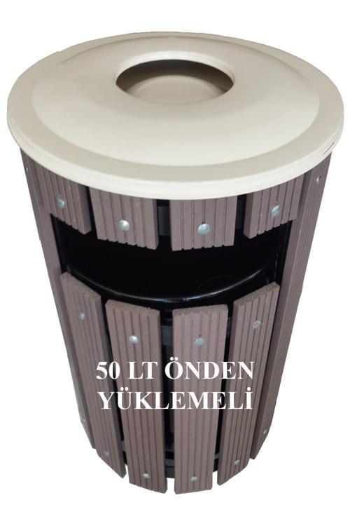 Kompozit (Ahşap+Plastik) Yuvarlak Çöp Kovası Pencereli Sç 15 P Kahverengi (50 Lt.)