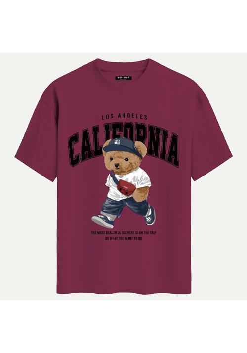 Unisex Bisiklet Yaka %100 Organik Pamuklu Kalın Dokulu California Baskılı Oversize T-shirt - BORDO
