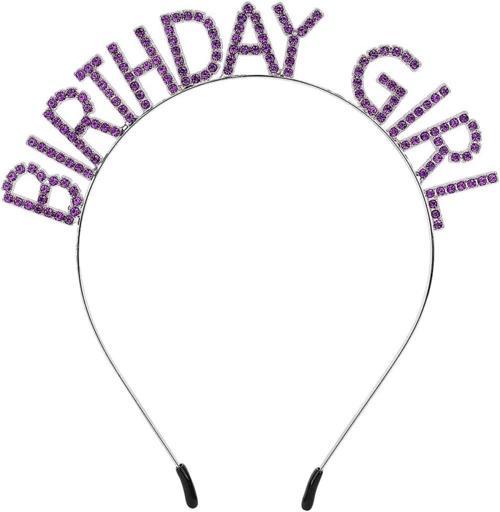 Çocuk Mor Renk Kristal Taşlı Parlak Birthday Girl Yazılı Taç 16x17 cm
