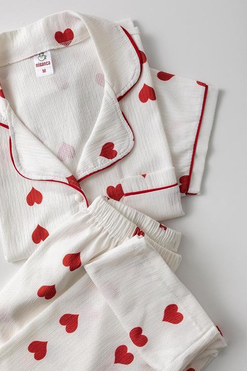 Kısa Kol Gömlek Yaka Kadın Pinterest Pijama Takımı - Yazlık Kadın Pijama- Geniş Beden Aralığı