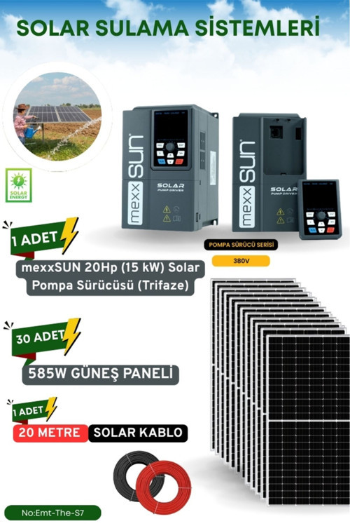 Solar Güneş Enerji Sulama Sistemi 20Hp (15 Kw) Solar Pompa Sürücüsü (Trifaze) 585 W Güneş Paneli