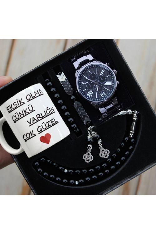 Su Geçirmez Erkek Kol Saati Baskılı Kupa Bardak Tesbih Ve Bileklik Seti