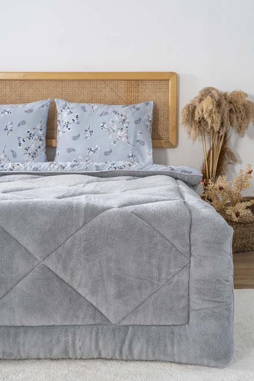 Gri Çiçekli Loura Tek Kişilik Çift Taraflı Lüx Wellsoft Yorgan Seti 155x215 cm