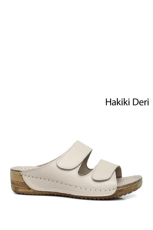 Kadın Krem Cırtlı Dolgu Taban Hakiki Deri Terlik