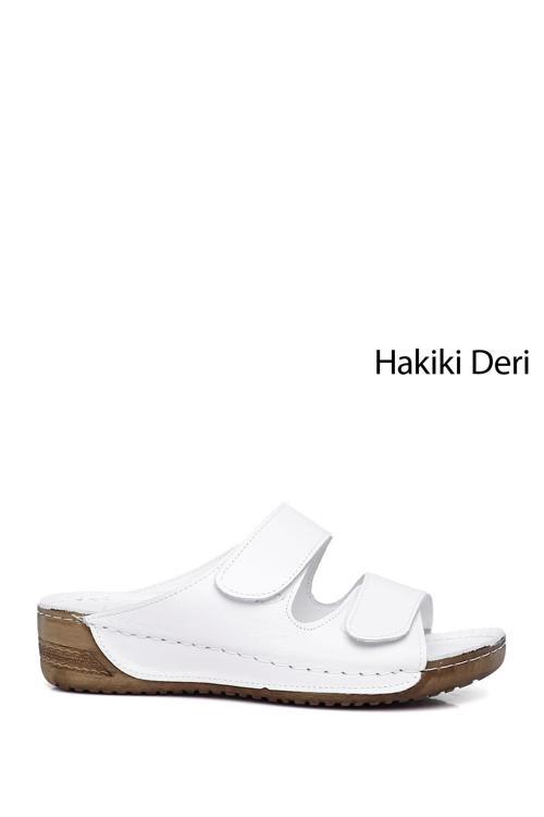 Kadın Beyaz Cırtlı Dolgu Taban Hakiki Deri Terlik