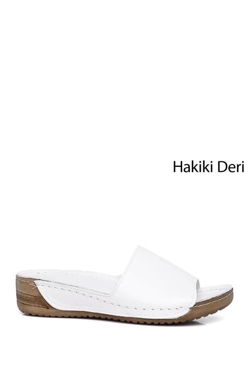 Kadın Beyaz Dolgu Taban Hakiki Deri Terlik