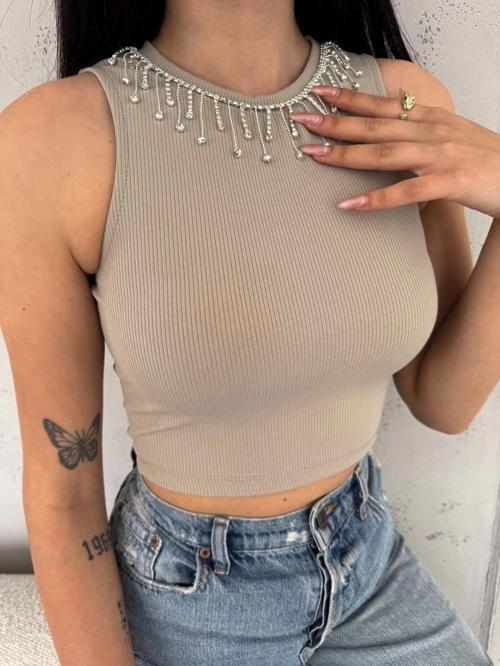 Fitilli Kaşkorse Yakası Zincirli Atlet Vizon