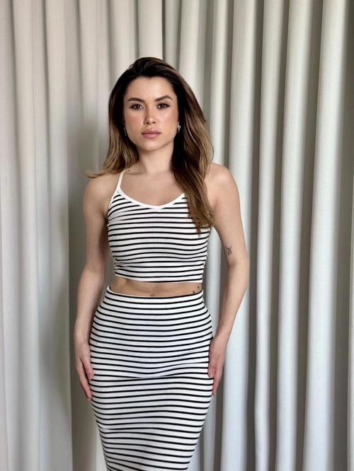 Çizgili Etek Crop Takım