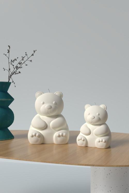 Dekoratif Büyük Ve Küçük 2Li Ayıcık Mum - Kokulu Vegan Soya Wax Mumu 2 Adet