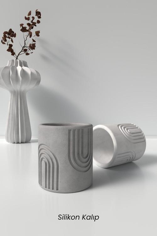 Desenli Silindir Beton Saksı Ve Mumluk Silikon Kalıp K13 - Dekoratif Beton Mumluk Kalıbı K13