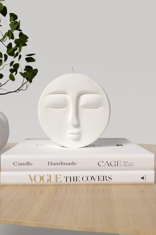 Dekoratif Orta Boy Ay Yüzü Kokulu Mum - Moon Mum Soya Wax Candle 1 Adet Beyaz