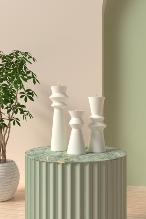 Dekoratif Desenli Sütün Kokulu Mum 3Lü - Posh Mum Soya Wax Candle Beyaz 3Lü