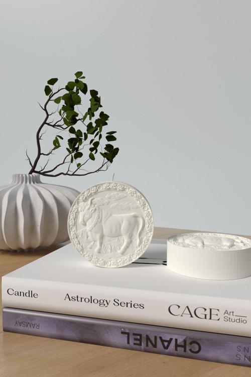 Dekoratif Astroloji Serisi Burç Mumları Kokulu Mum - Boğa Burcu Soya Wax Candle 1 Adet Beyaz Mum