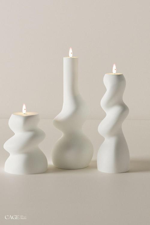 Dekoratif Wavy Maia Set Kokulu Mumlar - 3Lü Set Soya Wax Candle 3 Adet Beyaz