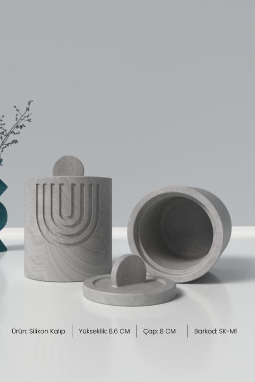 Kapaklı Desenli Silindir Beton Saksı Ve Mumluk Silikon Kalıp M1 -Mumluk Silikon Kalıp  8.6 X 8 Cm