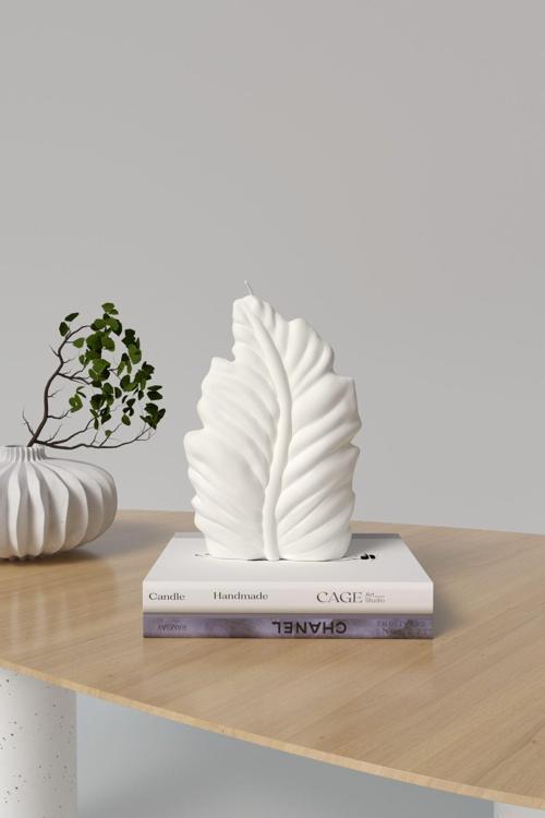 Dekoratif Yaprak Şeklinde Kokulu Mum - Ağaç Yaprağı Mum Soya Wax Candle 1 Adet Beyaz