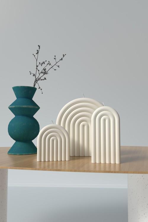 Dekoratif Gökkuşağı Desenli 3Lü Set Mum - Kokulu Vegan Soya Wax Mumu Beyaz 3 Adet