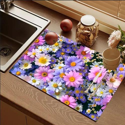 55 CM x 45 CM RENKLİ ÇİÇEKLER DESENLİ TEZGAH ÜSTÜ BULAŞIK KURUTMA MATI BULAŞIKLIK KURUTMA ÖRTÜSÜ