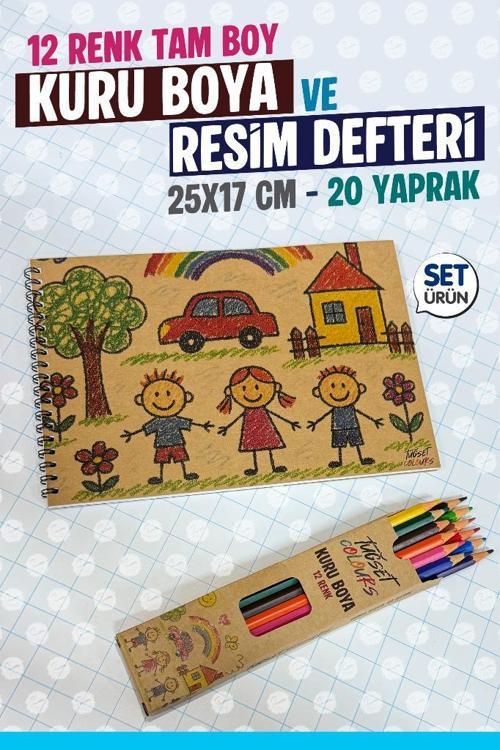 12 Renk Tam Boy Kuru Boya ve Resim Defteri Boyama Seti -Anaokulu Kreş İlkokul Etkinlik -T1379
