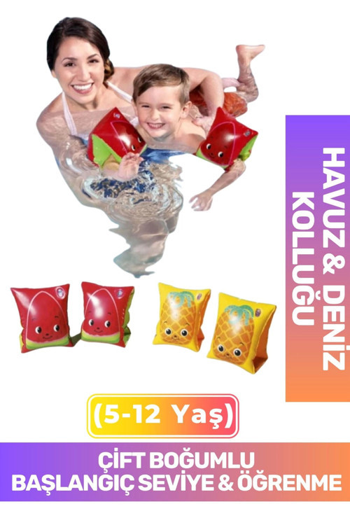 Başlangıç Seviye Çift Boğumlu 5-12 Yaş Çocuk Deniz Havuz Yüzme Öğrenme Meyve Desenli Şişme Kolluğu