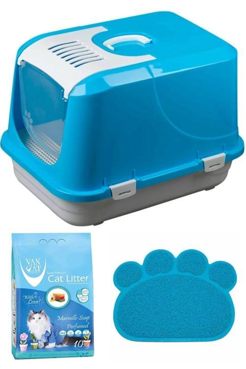 Büyük Xxl Kapalı Tuvalet A Kalite Mavi 65X50X45 +Vancat 10 Kg Kedi Kumu+ Kedi Tuvalet Önü Paspası