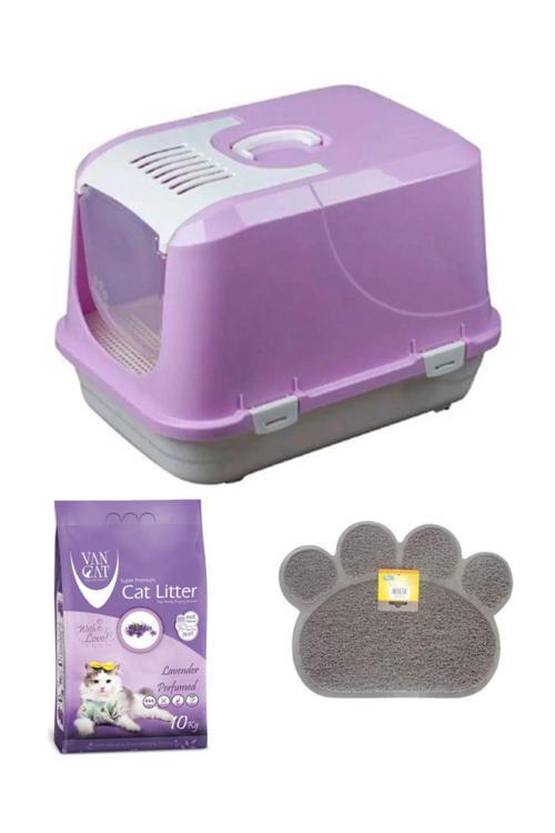Büyük Xxl Kapalı Tuvalet A Kalite Mor 65X50X45 +Vancat 10 Kg Kedi Kumu+ Kedi Paspası