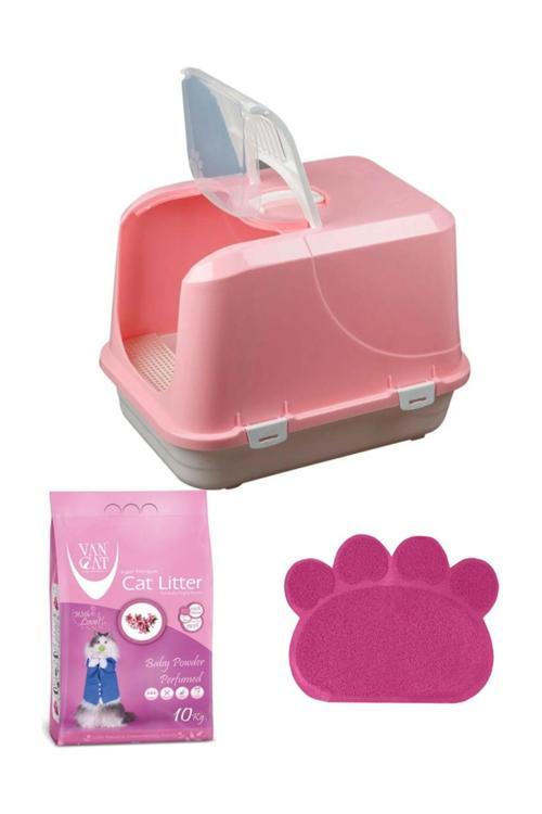 Büyük Xxl Kapalı Tuvalet A Kalite Pembe  65X50X45 +Vancat 10 Kg Kedi Kumu+ Kedi Paspası