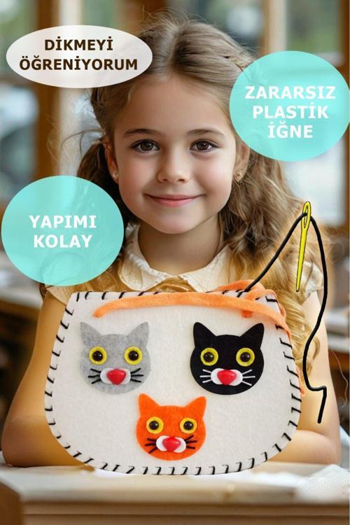 Keçe Dikiş Seti , Kedili Keçe Çanta, Kendin Yap Çocuk Çantası