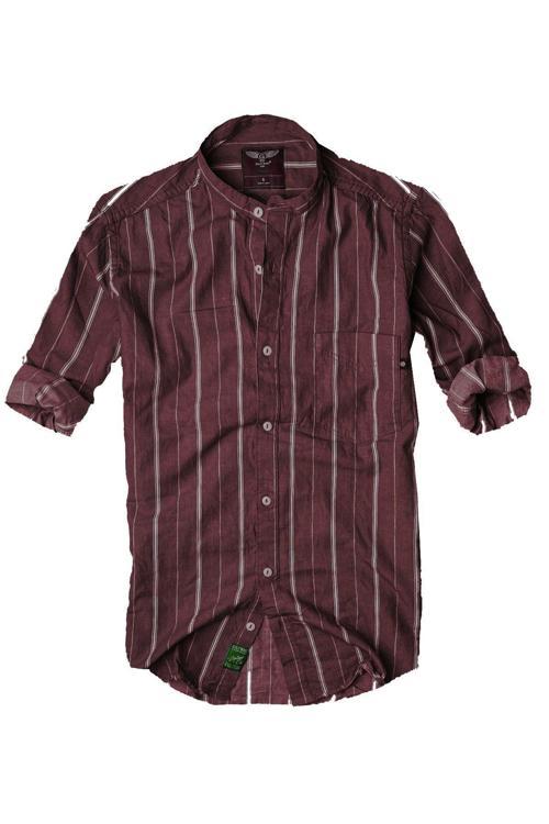 Slim Fit %100 Pamuk Kumaş Hakim Yaka Uzun Kol Gömlek--bordo Çizgili--