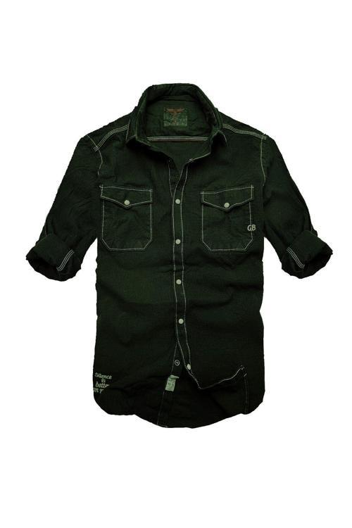 Slim Fit Likralı Esnek Kumaş Çift Cep Kot Gömlek--haki Siyah--