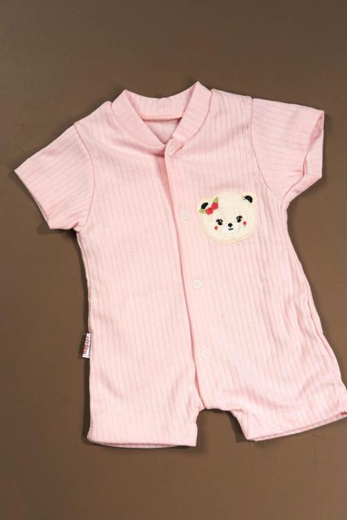 Kısa Kollu Ayı Nakışlı Tulum Toz Pembe (Dar Kalıp)