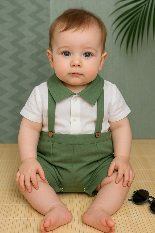 Unisex Askılı Görünümlü Kısa Kollu Bebek Tulum Yeşil