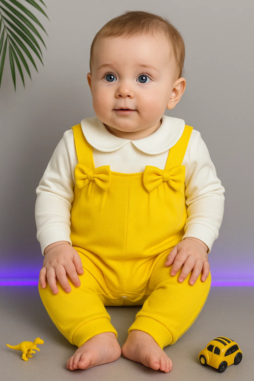 Fiyonklu ÇıtÇıtlı Kız Bebek Tulum Sarı