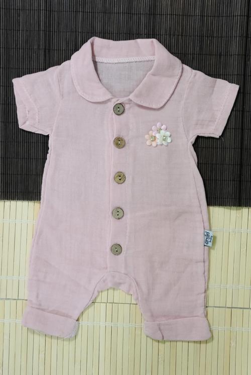 Düğmeli Kısa Kollu Müslin Bebek Tulum Pembe