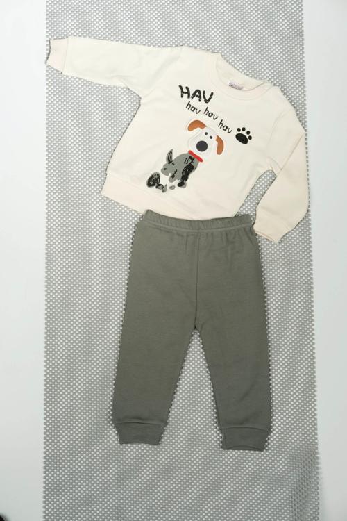 Hav Hav Baskılı Uzun Kollu Sweatshirt ve Bej Alt Eşofman Takımı Haki
