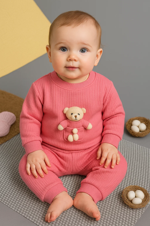 Kız Bebek Basic Eşofman Takımı Bisiklet Yaka Ribanalı Paça Uzun Kol Yavru Ağzı
