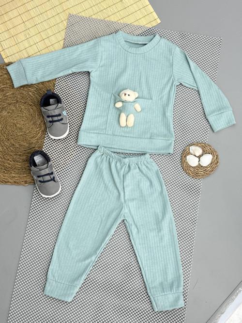 Kız Bebek Basic Eşofman Takımı Bisiklet Yaka Ribanalı Paça Uzun Kol Açık Yeşil