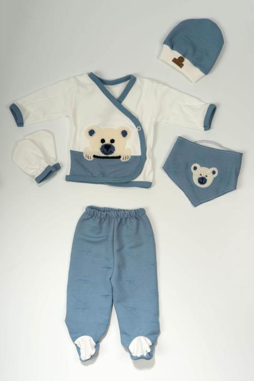 Panda Nakışlı 5'li Yenidoğan Takımı Mavi