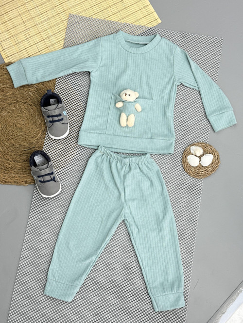 Kız Bebek Basic Eşofman Takımı Bisiklet Yaka Ribanalı Paça Uzun Kol Açık Yeşil