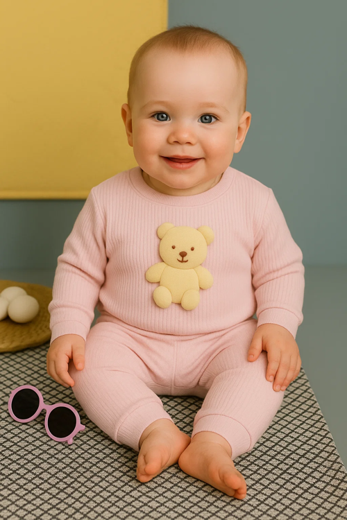 Kız Bebek Basic Eşofman Takımı Bisiklet Yaka Ribanalı Paça Uzun Kol Toz Pembe