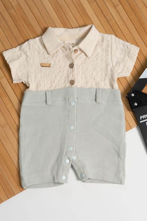Polo Yaka Waffle Erkek Bebek Tulum Krem-Mint