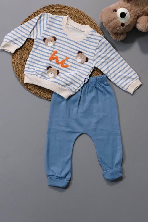 Sevimli Ayıcık ve Hi Desenli Çizgili Sweatshirt ve Mavi Alt Eşofman Takımı Turkuaz