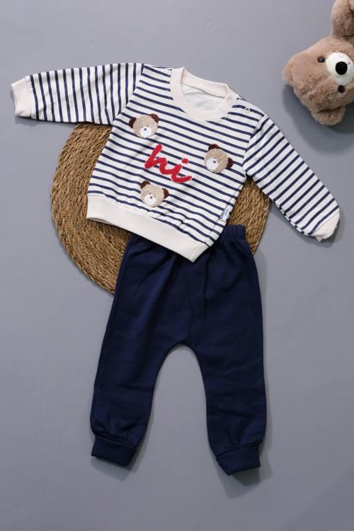 Sevimli Ayıcık ve Hi Desenli Çizgili Sweatshirt ve Mavi Alt Eşofman Takımı Lacivert