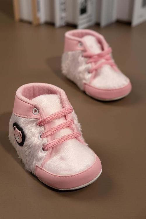 Pembe Peluş Dokulu Ayıcık Aplikeli Kız Bebek İlk Adım Ayakkabısı Pembe